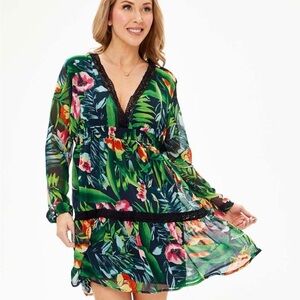 Kendall + Kylie Green Floral Long Sleeve V-Neck Pullover Mini Dress Sz Small New